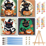 4 Pack Halloween Paint by Number for Kids with Wooden Frame, Paint by Numbers for Kids Black Cat Ages 4-8-12, Easy Pumpkin DIY Acrylic Oil Painting Kits for Home Wall Decor (8X8 inch) xackcme