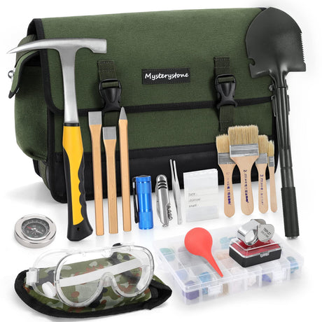 MYSTERYSTONE 23 Pieces Rock Hammer Kit for Rock Hounding, Complete Great Bundle including Steel Rock Pick Hammer,3-Pieces Heavy Duty Chisel Set,Updated Mussette Bag and Many More Mysterystone