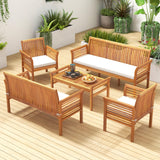 Tangkula 5 Piece Patio Furniture Set, Acacia Wood Conversation Set with 3-Seat Bench, Loveseat, 2 Armchairs & Coffee Table, Cushioned Outdoor Chair Set for Porch, Balcony (Off White) Tangkula