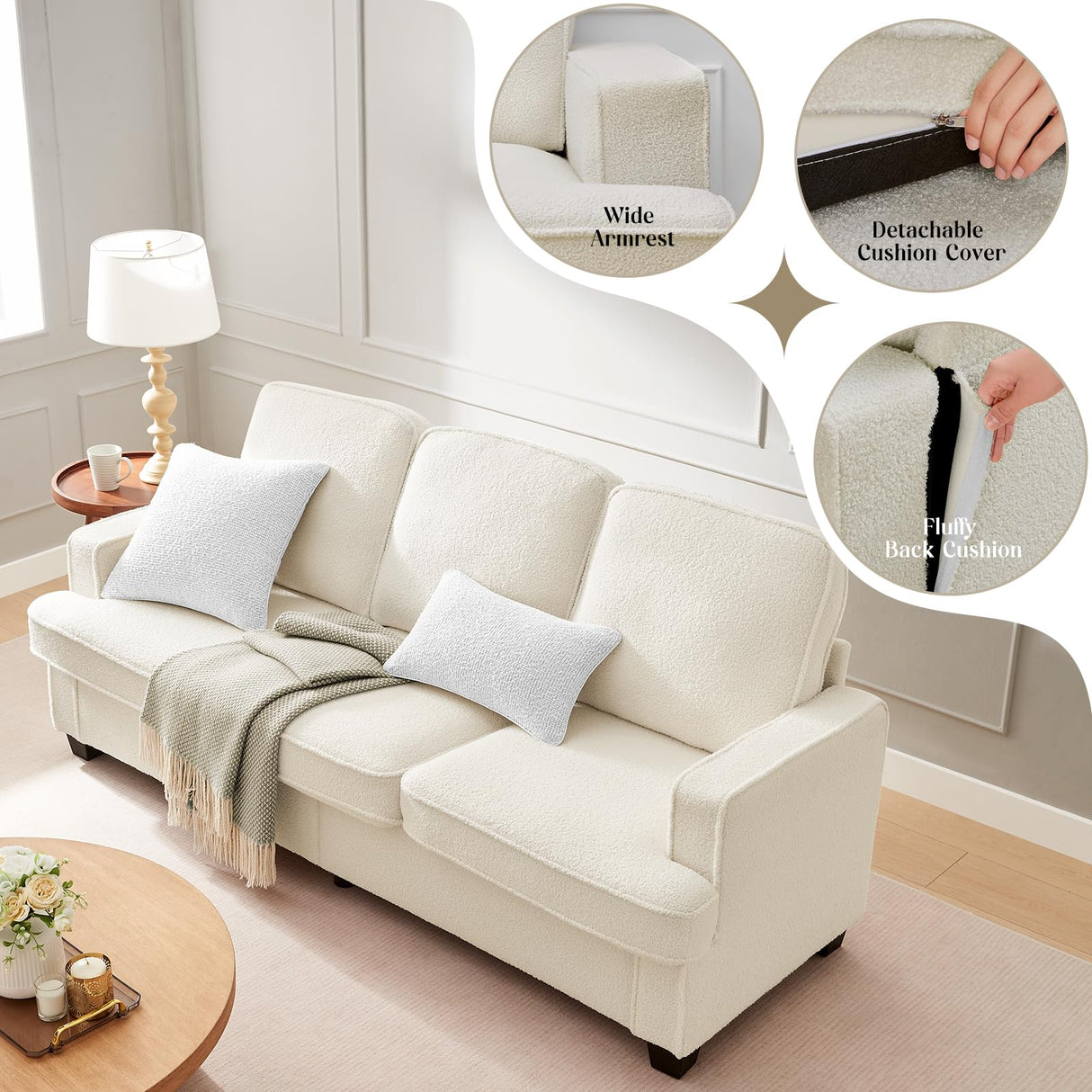 Zelimon Couches for Living Room, 82” Spacious Deep Seat Sofa for Living Room/Bedroom/Office/Apartment, Sofa Bed for Small Spaces, Detachable Futon Couch Cover, Easy to Install, Beige Teddy Fleece Zelimon