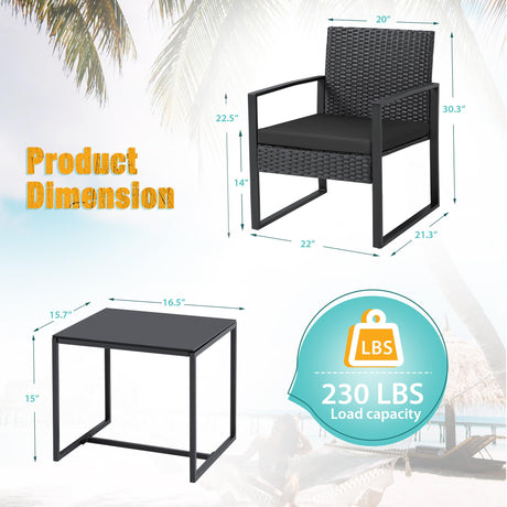 Flamaker 3 Pieces Patio Set Outdoor Wicker Furniture Sets Modern Rattan Chair Conversation Sets with Coffee Table for Yard and Bistro (Black) Flamaker