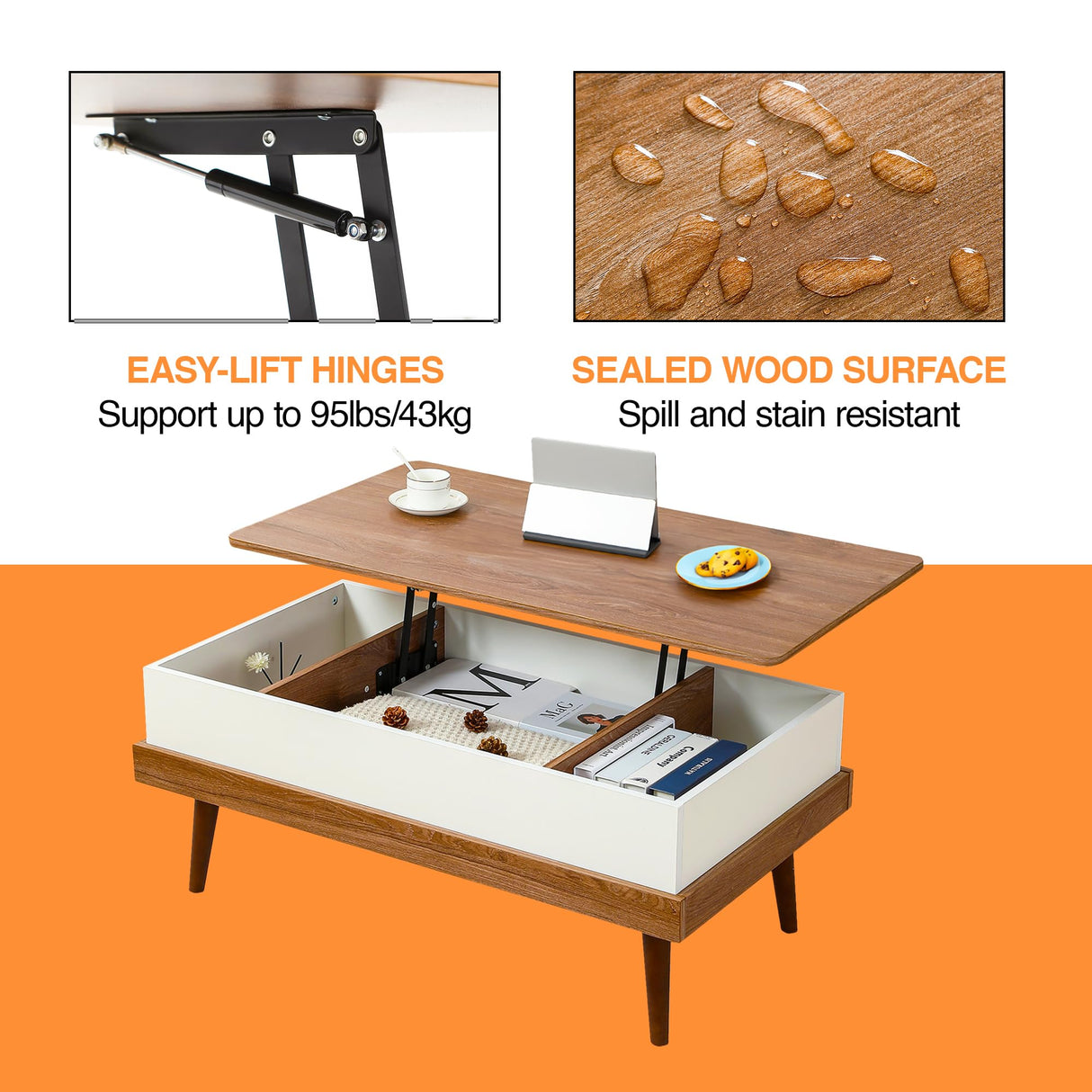 Houseables Lift Top Coffee Table with Storage, Brown Wood Coffee Table with Lifting Top, 39”L x 16”H-22”H, Lift Top Coffee Tables for Living Room, Modern Center Table, Rising Pop Up Coffee Table Desk Houseables