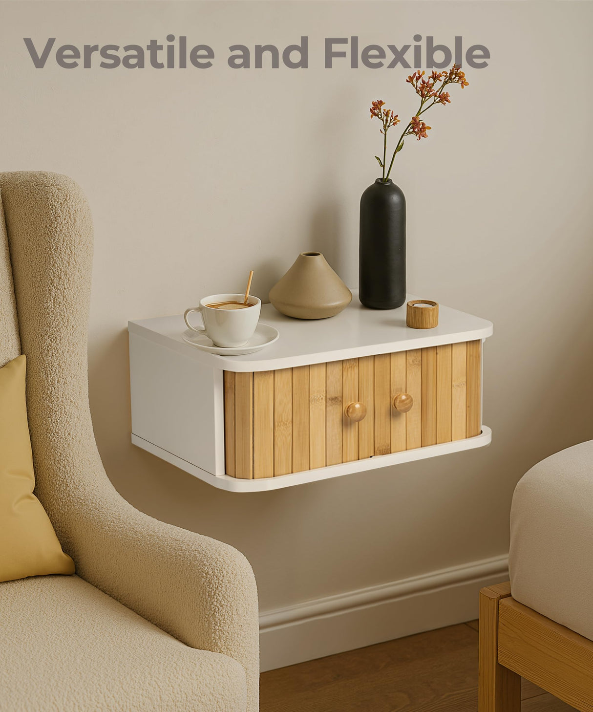 SUMGAR Floating Nightstand White Bedside Table Modern Boho Organiser Small Spaces Wall Mounted Shelf Storage with Drawers Wood Bamboo Natural Hanging Furniture for Bedroom Home Decor SUMGAR