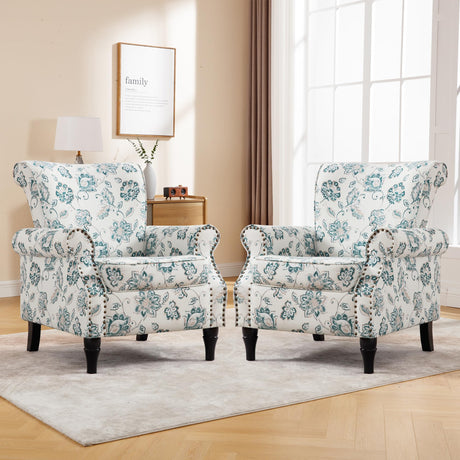 HCHAIRH Floral Wingback Accent Chairs Set of 2 with Removable Cushion Comfy Upholstered Armchair with Nailhead Trim and Wood Legs Reading Chair for Living Room, Bedroom, Green HCHAIRH