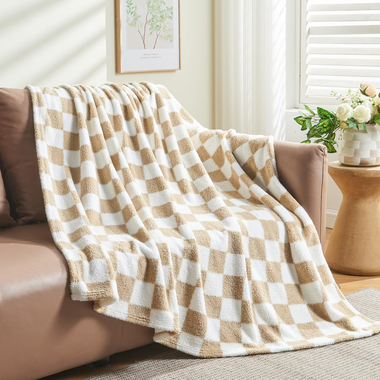 NEWCOSPLAY Knitted Brown White Checkered Blanket Super Soft Plush Throw for Couch Fuzzy Fluffy Microfiber Lightweight Blanket for Bed Sofa All Season Use (Brown White, Throw(50"x60")) NEWCOSPLAY