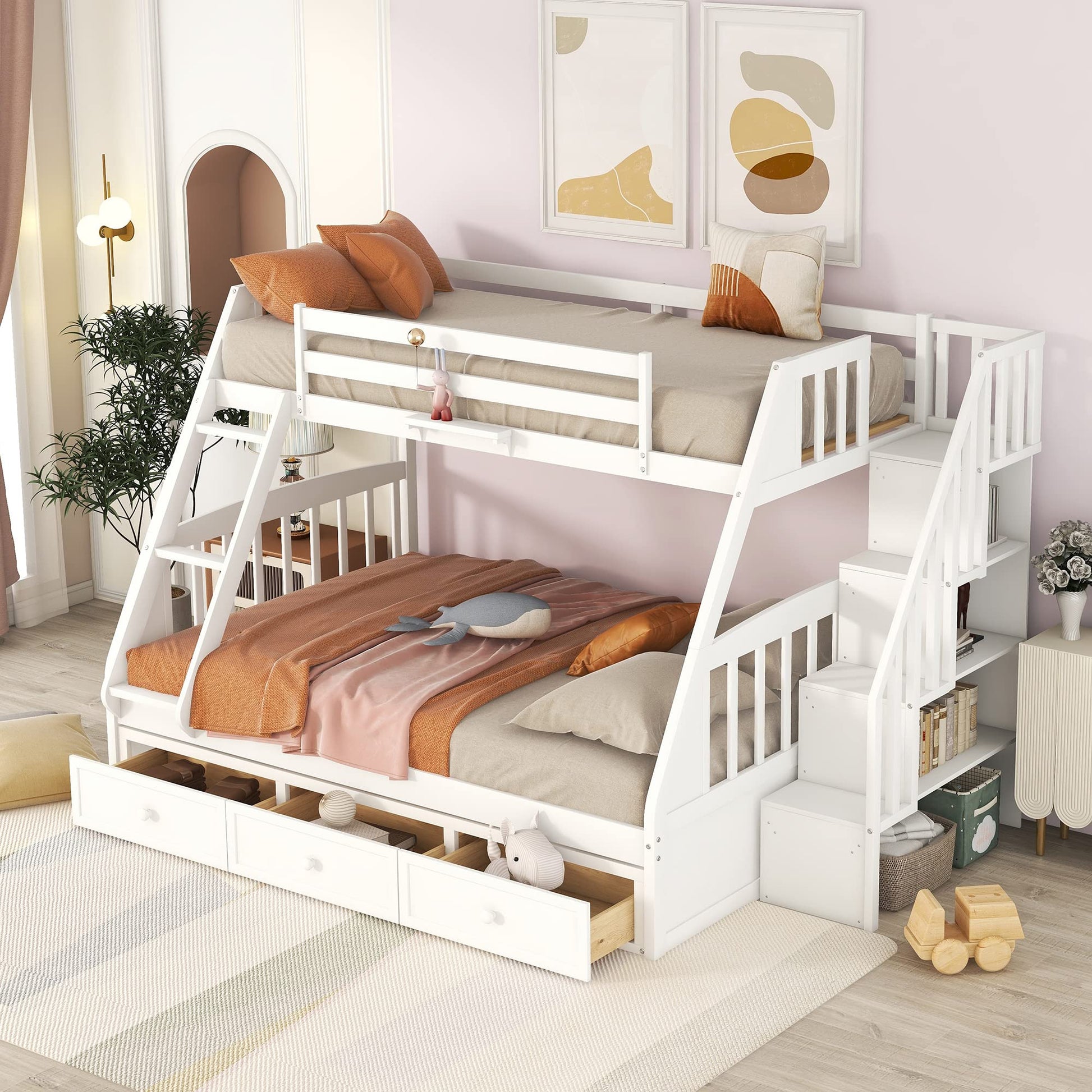 Twin-Over-Full Bunk Bed with Stairs and Storage by Harper & Bright Designs - Solid Wood Frame in White - WoodArtSupply