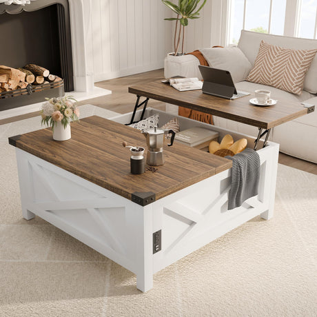 MU Lift Top Coffee Table, Square Coffee Table with Hidden Storage, Farmhouse Wood Table with Charging Station and Barn Door for Living Room, White MU