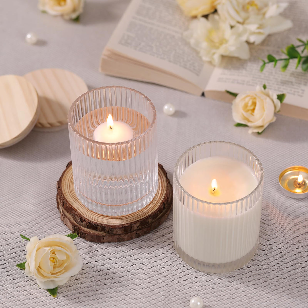 sunnyfuture 10 OZ Clear Candle Jars for Making Candles Set of 8, Ribbed Glass Candle Jars with Wood Lids and Labels, Candle Containers for DIY, Gifts, Home Decoration sunnyfuture