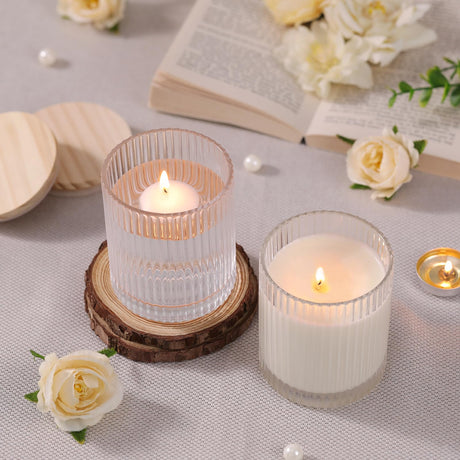 sunnyfuture 10 OZ Clear Candle Jars for Making Candles Set of 8, Ribbed Glass Candle Jars with Wood Lids and Labels, Candle Containers for DIY, Gifts, Home Decoration sunnyfuture