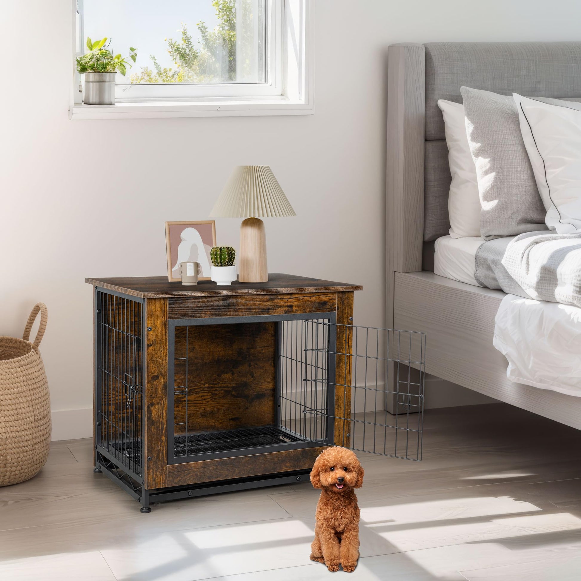 JY QAQA Dog Crate Furniture, Wooden Dog Crate Table, Double-Doors Dog Furniture, Indoor Dog Kennel, Dog House, Dog Cage Large - WoodArtSupply