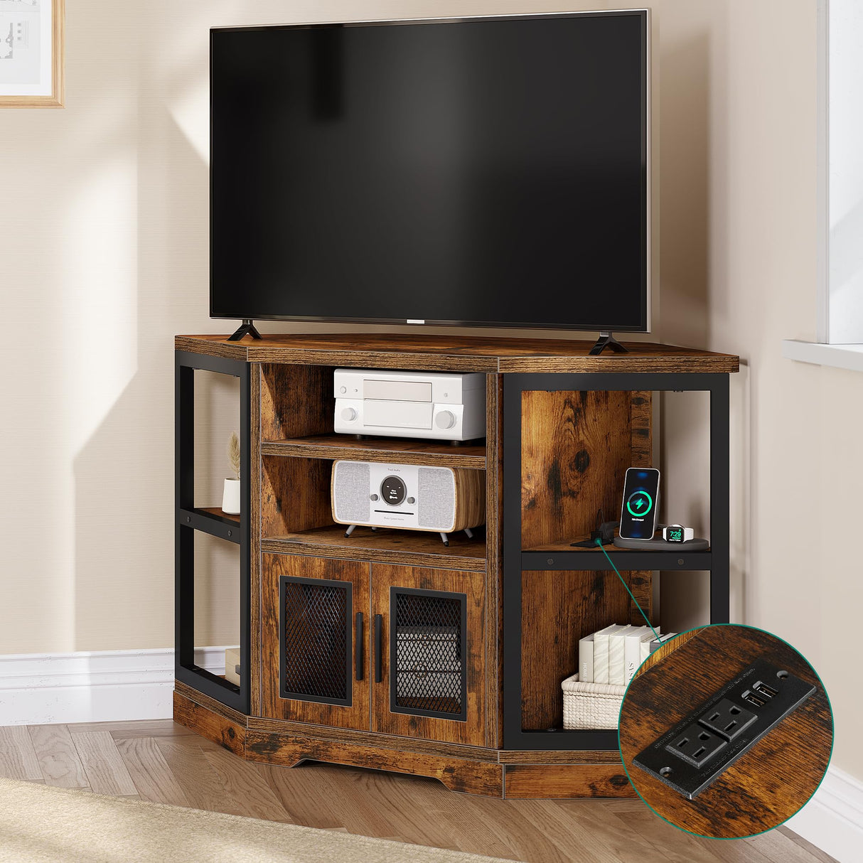 YITAHOME Corner TV Stand for TVs up to 55 Inch with Power Outlet, Modern Farmhouse Entertainment Center, Wood TV Media Console with Storage Cabinets Shelves for Living Room, Retro Brown YITAHOME