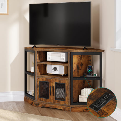 YITAHOME Corner TV Stand for TVs up to 55 Inch with Power Outlet, Modern Farmhouse Entertainment Center, Wood TV Media Console with Storage Cabinets Shelves for Living Room, Retro Brown YITAHOME