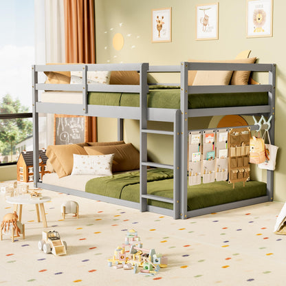 TOLEAD Low Bunk Bed Twin Over Twin, Floor Bunk Bed with Ladder, Twin Bunk Bed with Full Guardrails, Wooden Bunk Bed for Juniors, Boys, Girls, Kids, Bedrooms (Grey)