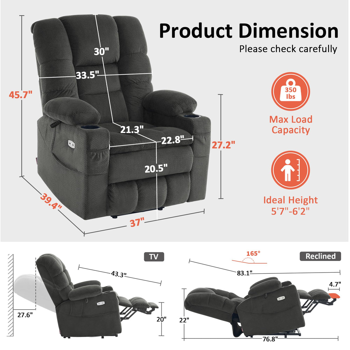 MCombo Large Triple Motor Power Lift Recliner Chair with Massage and Dual Heating, Adjustable Headrest for Tall Elderly People, Fabric 7634 (Grey, Large) MCombo