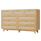 AOGLLATI Rattan Dresser for Bedroom with 9 Drawer, Modern Wooden Long Bedroom Dresser, Chest of Drawers with Metal Handle & Solid Wood Legs for Bedroom/Living Room, Wood AOGLLATI