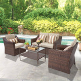 SOLAURA Patio Furniture Set Outdoor Conversation Set All Weather Wicker Furniture 4 Pieces Sectional Sofa Set with Tempered Glass Coffee Table-Brown SOLAURA