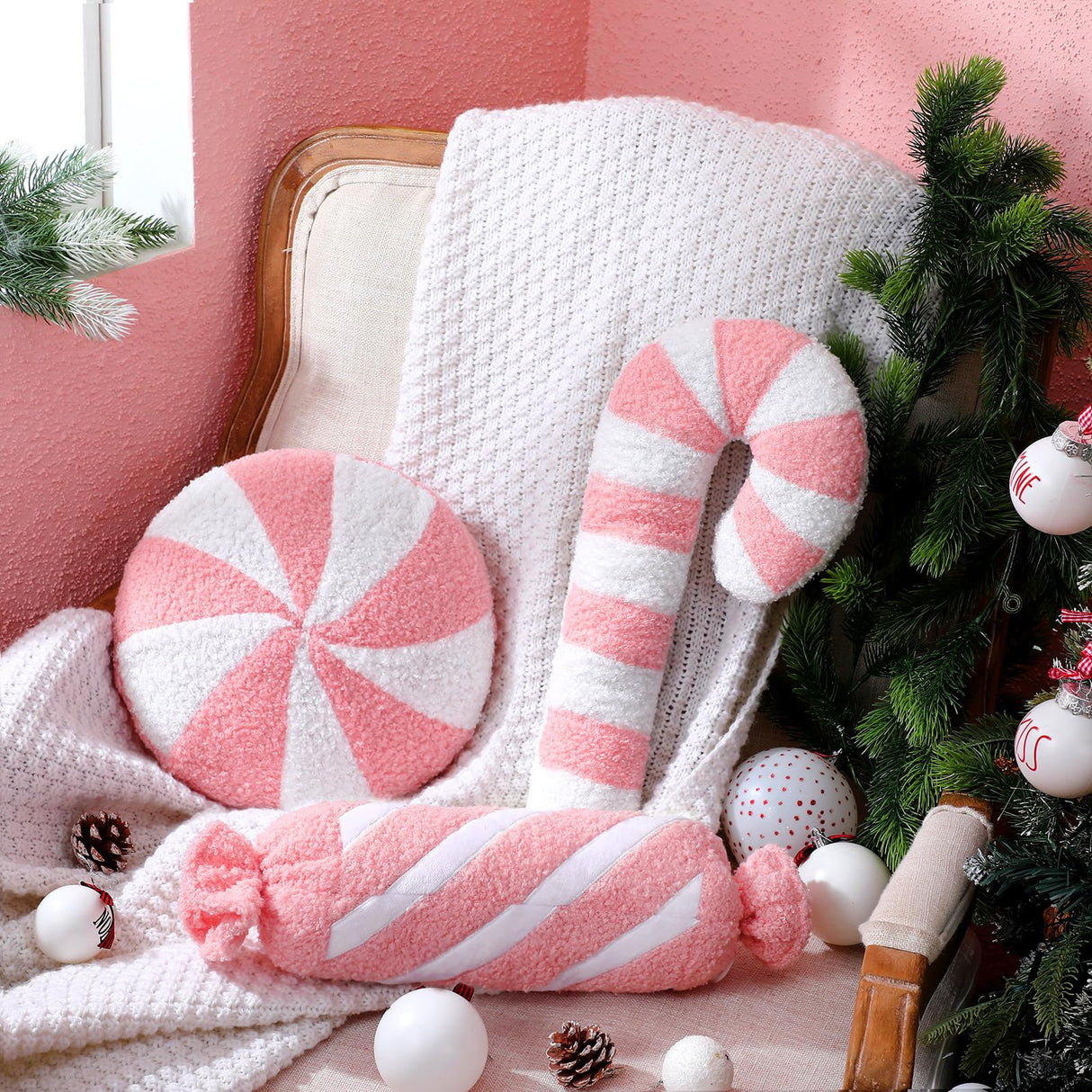 Anglechic 3 Pcs Christmas Pillows Decorative Throw Pillows Candy Merry Christmas Tree Stuffed Wool Soft Xmas Plush Cushion for Sofa Couch Bedroom Living Room(Pink) Anglechic