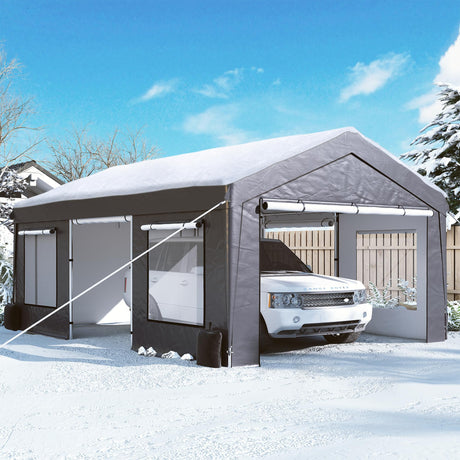 GARTOO Upgrade 12' x 20' Heavy Duty Carport - Extra Large Outdoor Shelter with Roll-up Ventilated Windows & Side Doors, Portable Garage for Car Truck Auto Motorcycle Boat Outdoor Events Party, Gray GARTOO