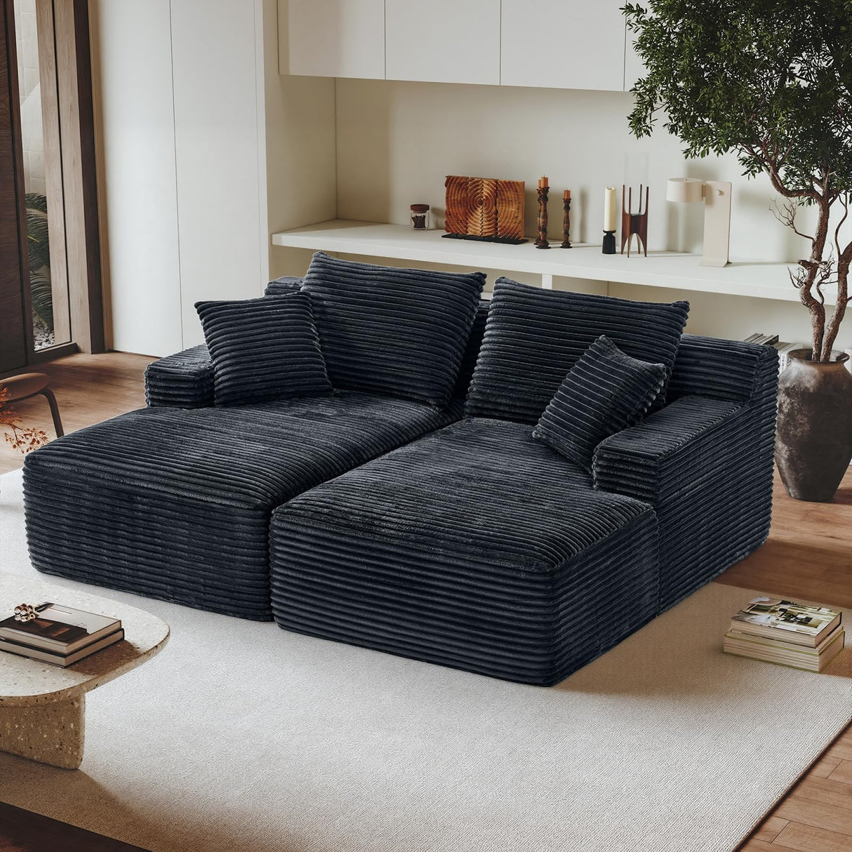 80" Oversized Double Chaise Lounges Indoor, Upholstered Boneless Couch with Deep Seat and 4 Pillows, Modern Corduroy Cloud Plush Sleeper Loveseat Memory Foam Couch, No Assembly Required, Black GULFXDS
