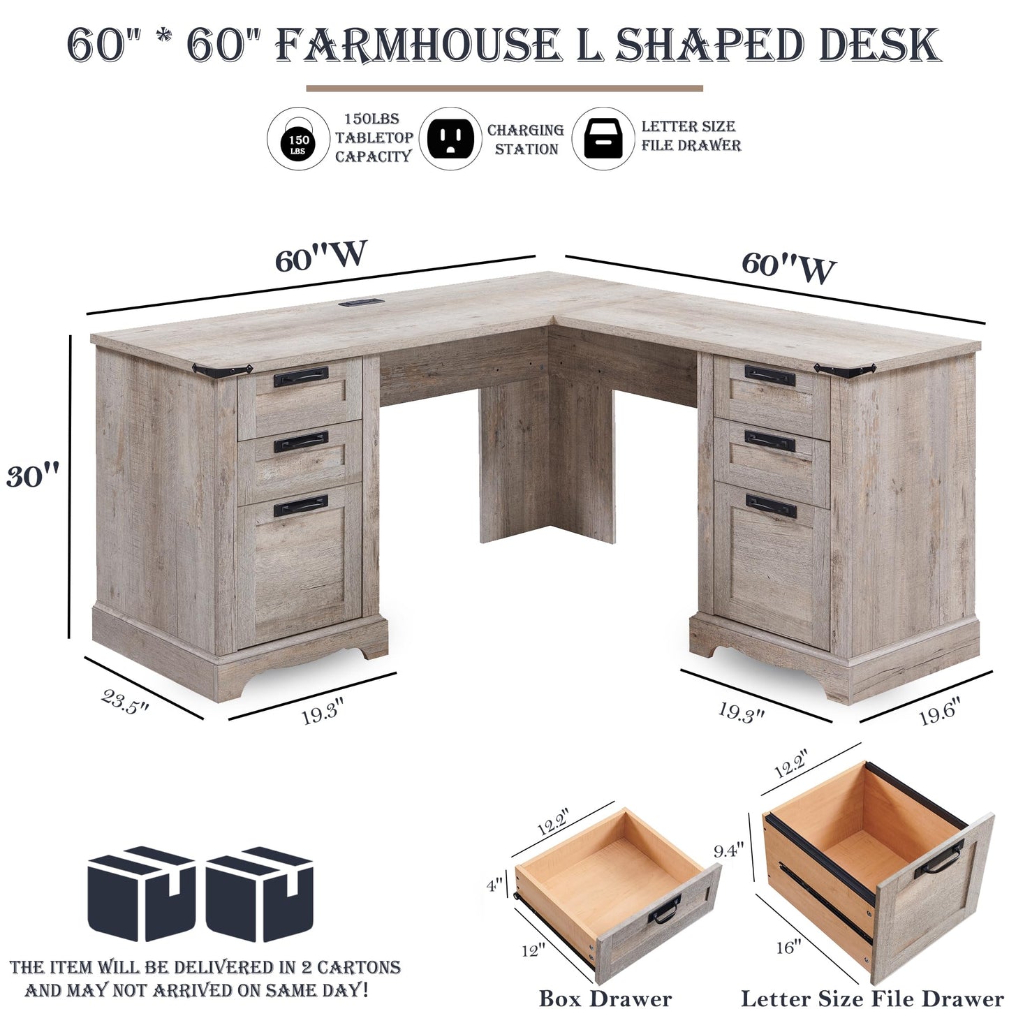 RedLemon 60" Farmhouse L Shaped Executive Desk with Drawers, Wood Home Office Corner Desk with Charging Station, File Drawer, Storage Cabinet, Rustic Computer Writing Desk (Light Rustic Oak) - WoodArtSupply