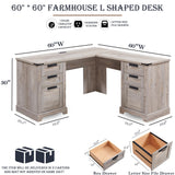 RedLemon 60" Farmhouse L Shaped Executive Desk with Drawers, Wood Home Office Corner Desk with Charging Station, File Drawer, Storage Cabinet, Rustic Computer Writing Desk (Light Rustic Oak) RedLemon