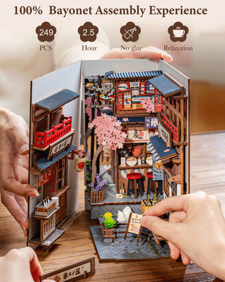 Rolife DIY Book Nook Kits for Adults, Miniature Dollhouse Booknook Kit, 3D Wooden Puzzle Creative Decorative Bookends Bookshelf Diorama Insert Crafts Hobbies Gifts (Sakura Wine Alley) Rolife