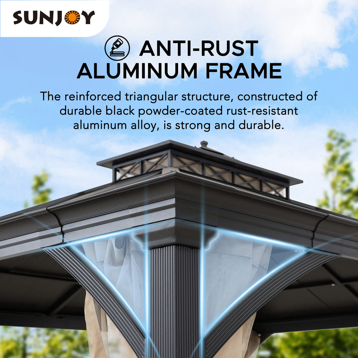 Sunjoy Hardtop Gazebo 11 x 13 ft. Outdoor Patio Black Anti-Rust Aluminum Frame Gazebo, Double Tiered Gazebo with Ceiling Hook and Mesh Netting, Black Sunjoy