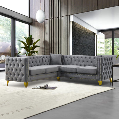 Velvet L Shaped Sofa Couch, Upholstered Sectional Couch with Tufted Back and Rivet Decoration, Modern 5 Seater Corner Sofa with Golden Tapered Legs and 3 Pillows, Comfy Couches for Living Room, Gray