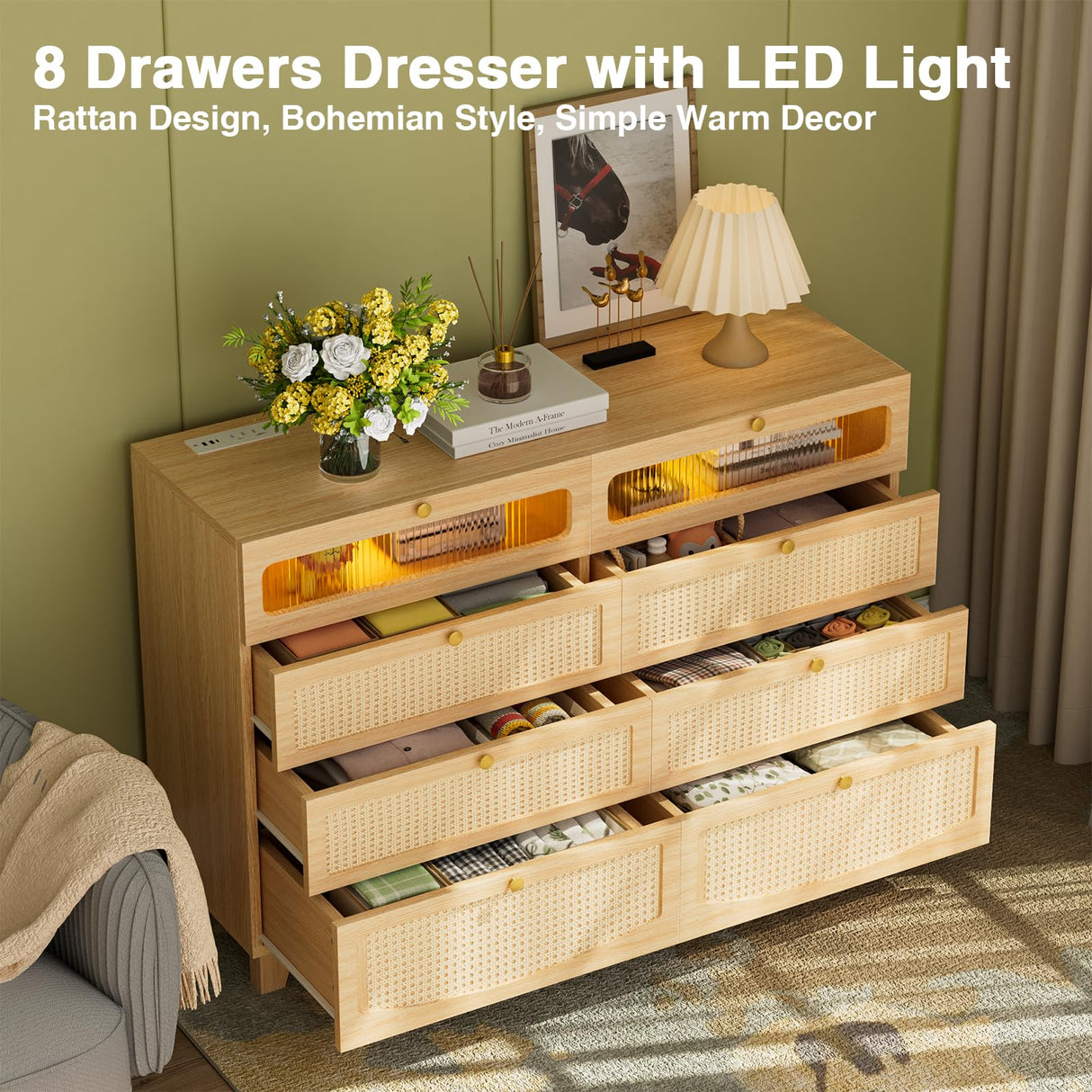 HPWLYO Rattan Dresser for Bedroom with LED Light, 4 Drawer Tall Rattan Dressers with Charging Station, Dressers Chests of Drawers,Bedroom Closet Dresser for Bedroom, Hallway,Entryway HPWLYO