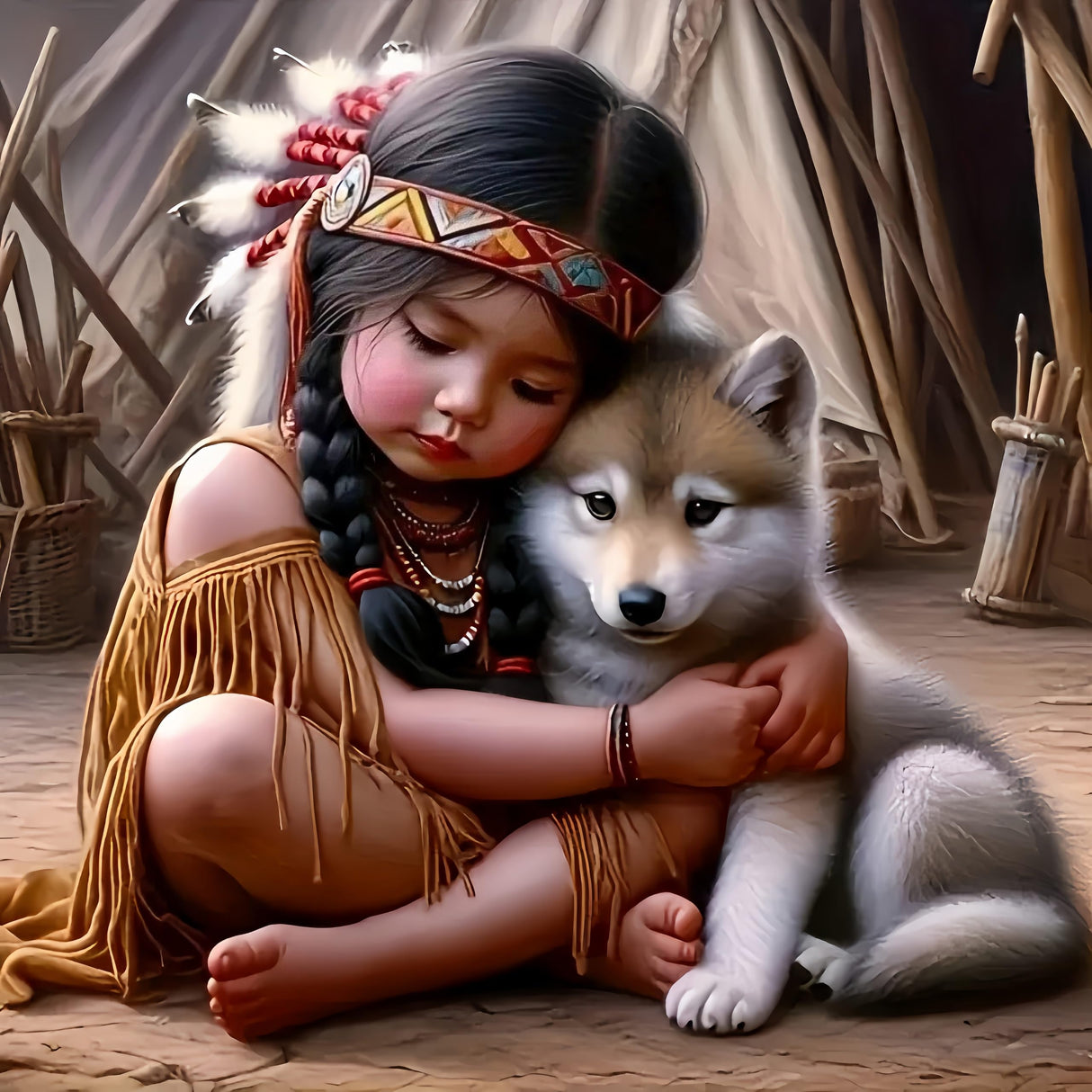 5D Diamond Art Kits for Adults Beginners,Indian Little Lass and Wolf DIY Full Round Drill Diamond Painting Kits,Young Woman Paint by Diamonds Dots Gem Art Easy,Home Wall Decor 14X14 Inch Acelii