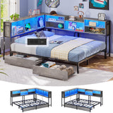 Hasuit Full Corner Bed Frame with Storage Bookcase, Full Size Daybed with 2 Underneath Storage Drawers, Kids Bed Unit with Charging Station and LED Light, Modern Teenagers Bedframe, Oak Gray Hasuit