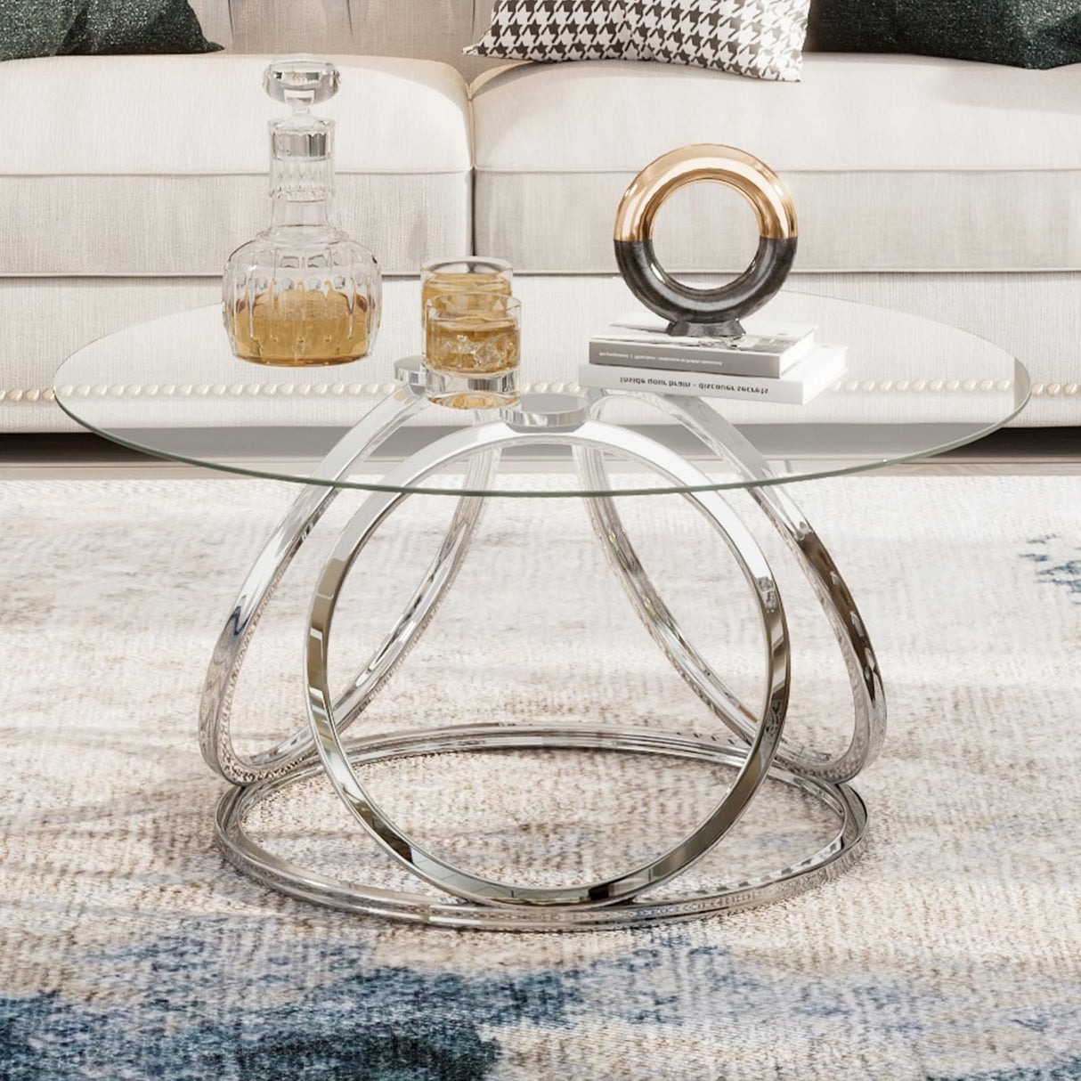 O&K FURNITURE Silver Coffee Table, Modern Glass Coffee Table Living Room Table with Ring-Shaped Frames, Glass Coffee Table for Home&Office, Chrome Finish, 1 PC O&K FURNITURE