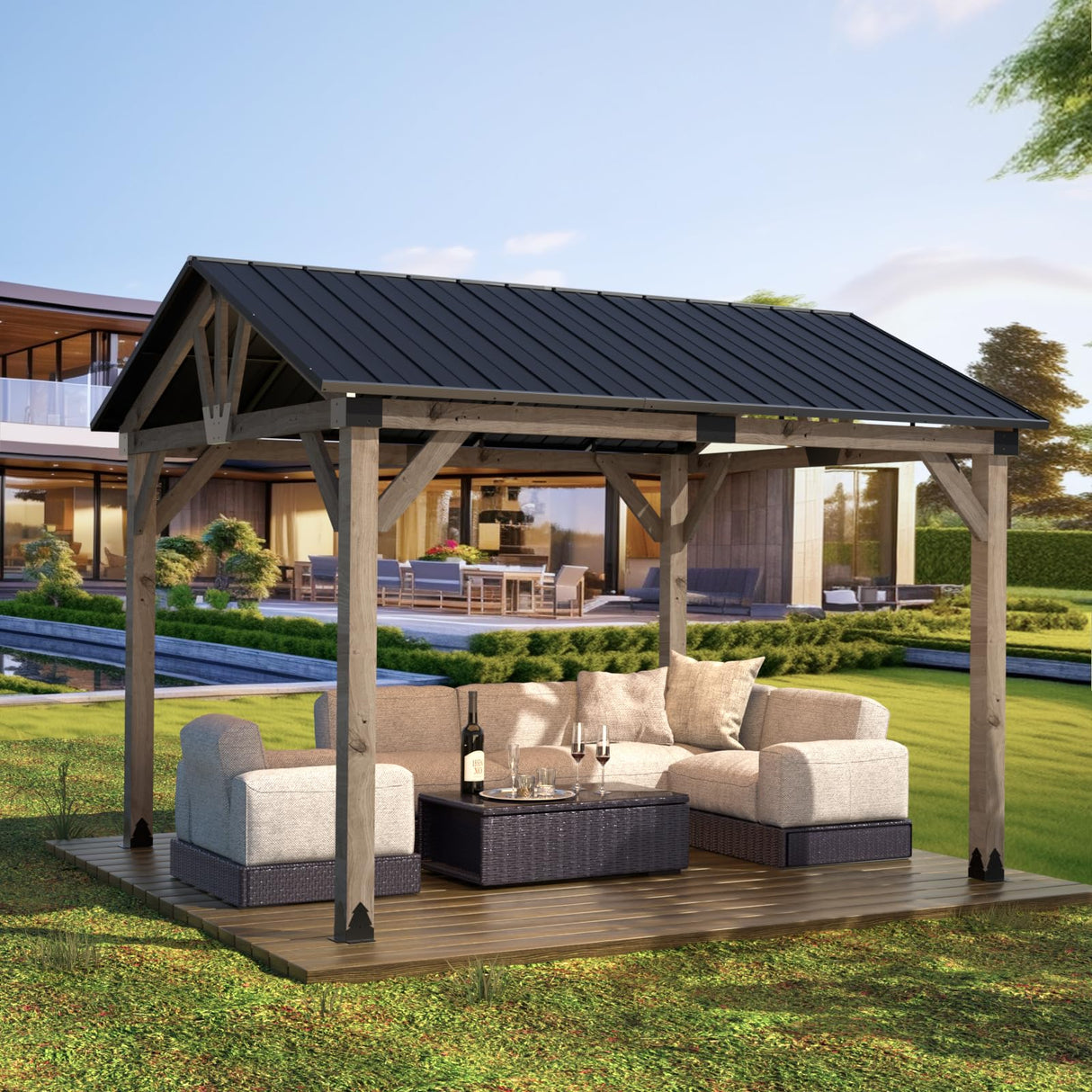 COSIEST 10x12Ft Cedar Wood Gazebo, Outdoor Hardtop Gazebo with Galvanized Steel Gable Roof, Wooden Gazebo Pavilion for Patio Backyard Deck Lawn COSIEST