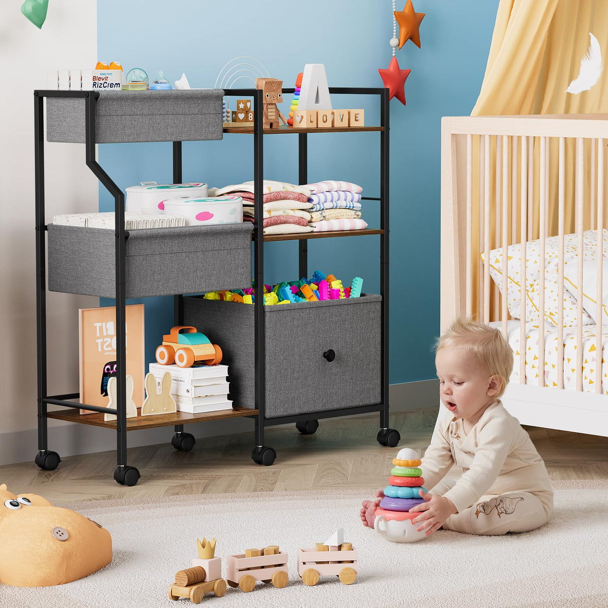 Modanais Kids Toy Storage Organizer - Toy Shelf Organizer, Sturdy Wooden Book Shelves, Soft-Sided Fabric Bins, Customizable Mobile Storage Cart for Playrooms & Bedrooms Modanais