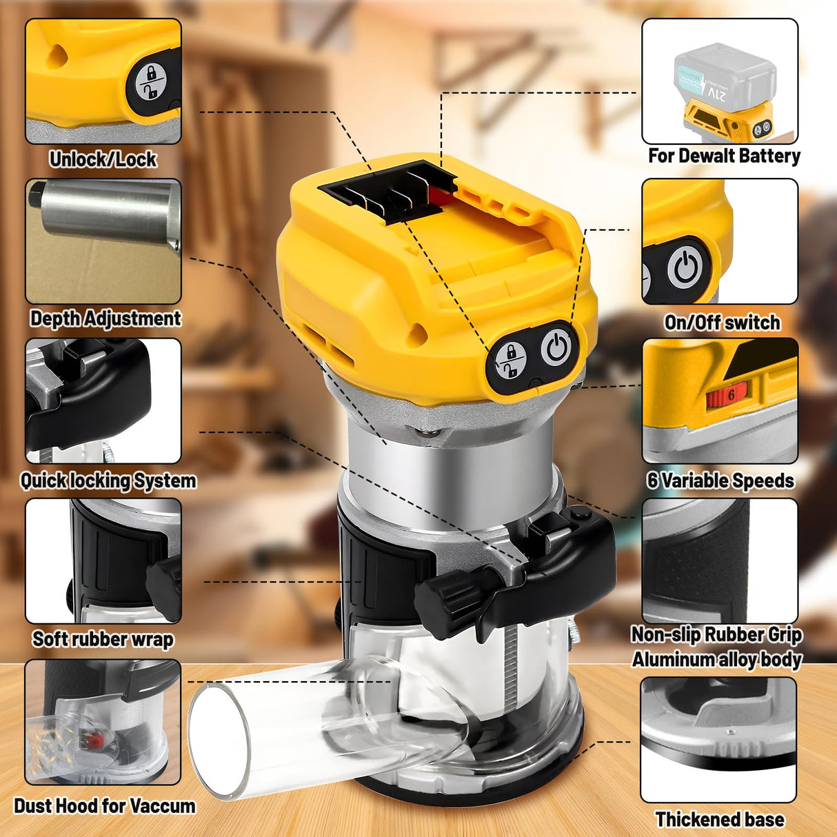 Cordless Router for DeWalt 20V Battery (Tool Only), 6 Speeds 30,000RPM Brushless Compact Router for Woodworking, Palm Router with Trim Router Bits, Edge & Roller Guide, Dust Hood Yuqutum