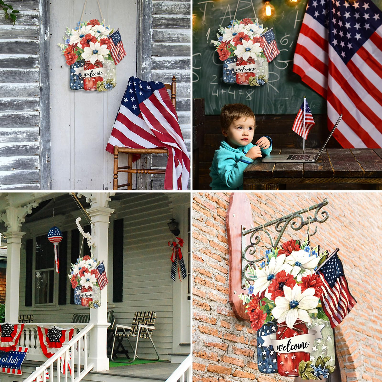 Spiareal 4th of July Welcome Door Decoration Farmhouse Patriotic Wooden Sign Rustic Independence Day Wood Wreaths Red White Blue Wall Decor American Flag Hanging Sign for Front Door Decorations Spiareal