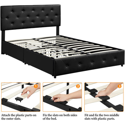 Yaheetech Queen Size Faux Leather Upholstered Bed Frame with 4 Storage Drawers and Adjustable Headboard - WoodArtSupply