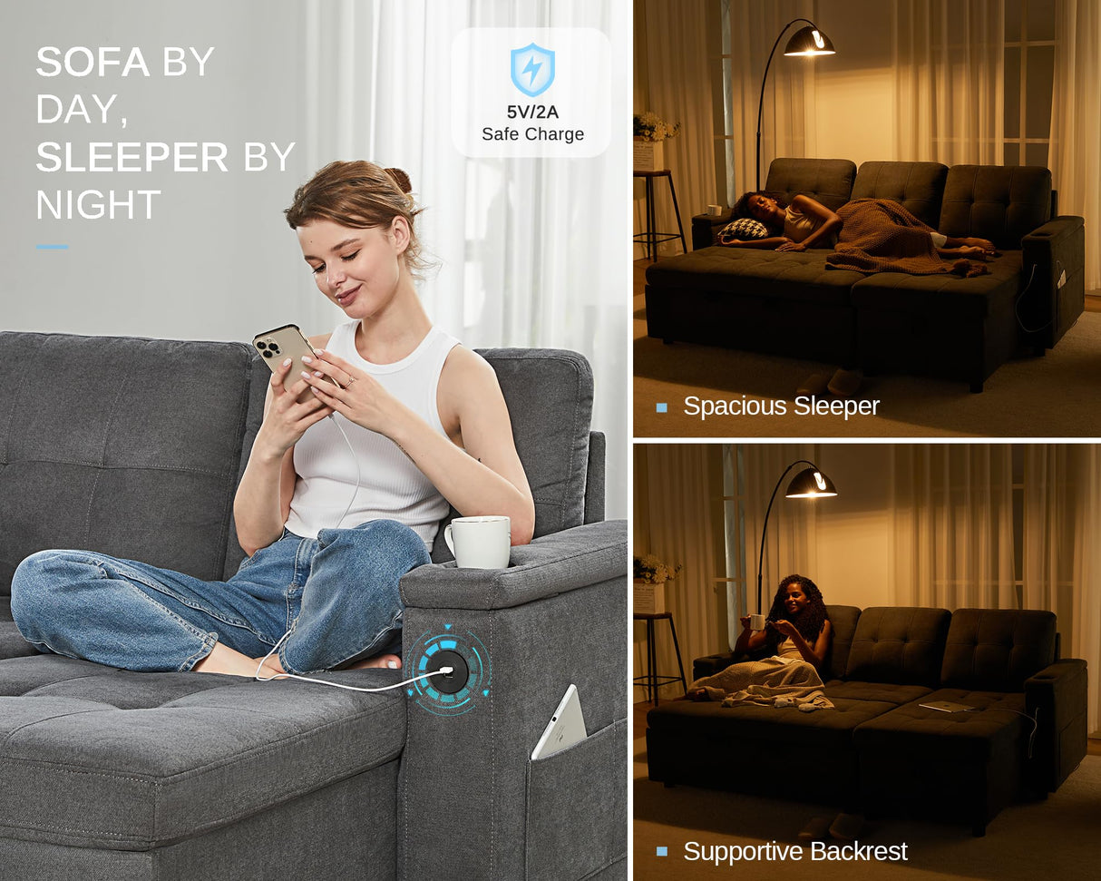 PaPaJet Sleeper Sofa Bed, 84 Inch Pull Out Couch with 2 USB & Cup Holders, Tufted L Shape Convertible Sofa with Storage Chaise, Dark Grey PaPaJet