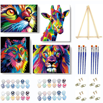 VIGEGU 4 Pack Paint by Numbers Kit for Adults Framed Canvas - with Wooden Easel,Adults' Paint-by-Number Kits Cat Giraffe Wolf Lion DIY Acrylic Animal Oil Painting Arts Crafts 7.8x11.8inch
