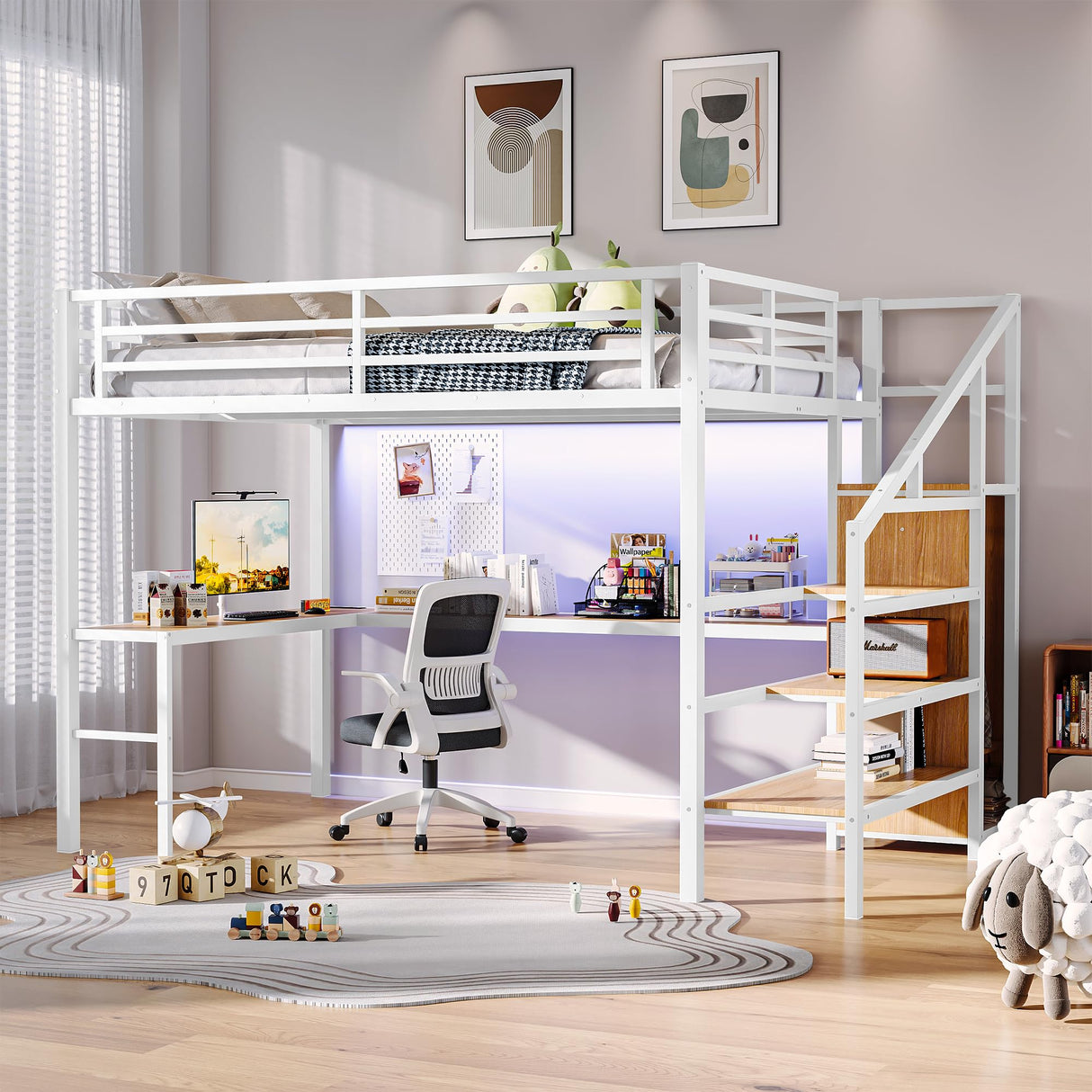 GM Ultra Queen Size Loft Bed with Desk & Storage Stairs, Metal Loft Bed with Wardrobe, LED Light & Charging Station, Versatile High Loft Bedframe for Kids Teens Adults, No Box Spring Needed, White GM Ultra