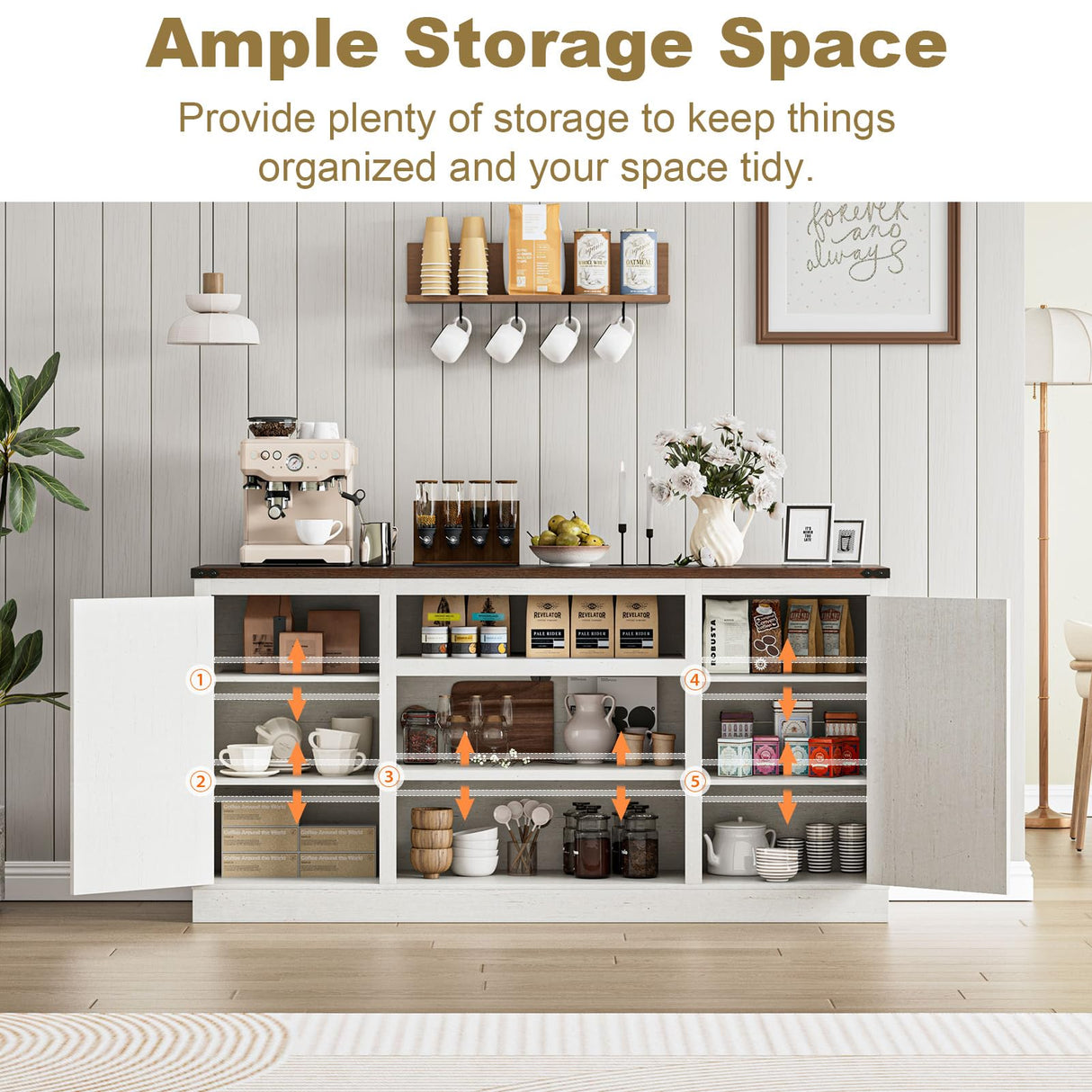 XVD 66" Farmhouse Coffee Bar with Charging Station, Sideboard Buffet with Large Storage, Wood Storage Cabinet with Adjustable Shelves for Kitchen, Living Room, Rustic White XVD