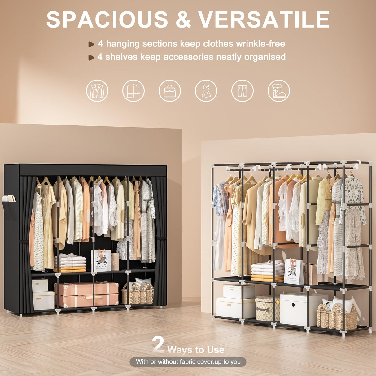 Neatrays Wardrobe Closet, 66 Inch Portable Closet for Hanging Clothes, Large Capacity Clothes Rack Organizer with Cover & 4 Hanging Rods & 8 Storage Shelves & 2 Side Pockets (Black) Neatrays