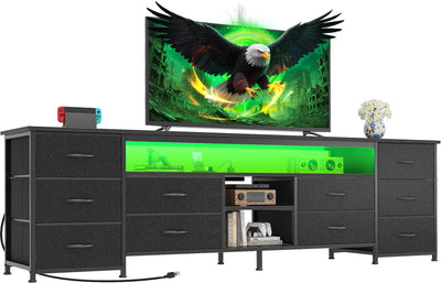 Huuger 70.9 Inch LED TV Stand Dresser with Power Outlets, USB-C Port and LED Lights, 10 Fabric Drawer Dresser for Bedroom, Long Entertainment Center for 75, 80 Inch TV, Open Shelves, PU Leather, Black
