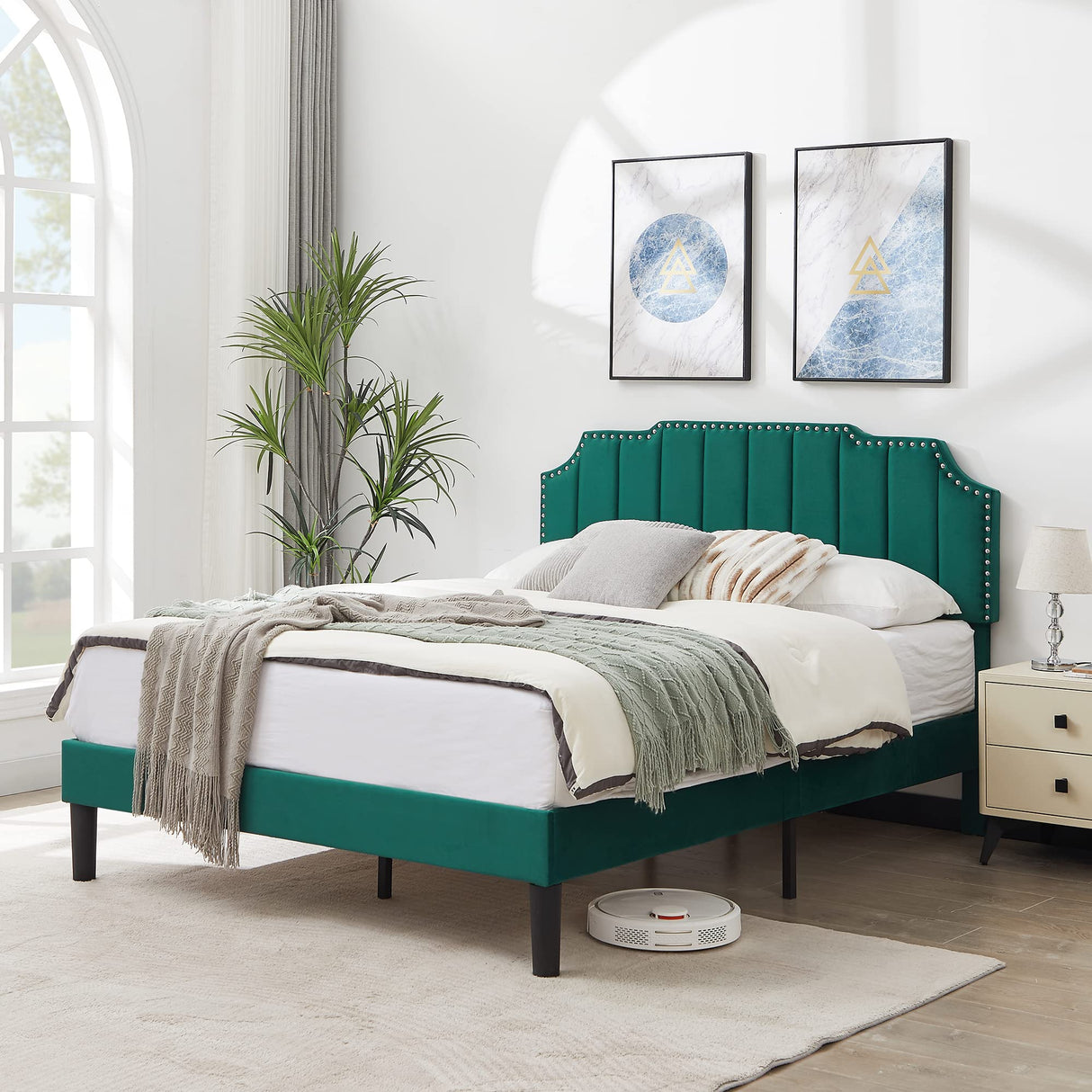 VECELO Full Size Upholstered Platform Bed Frame with Tufted Adjustable Headboard/Mattress Foundation/Wood Slat Support,Easy Assembly,Dark Green VECELO