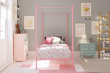 Twin Canopy Bed Frame for Girls, Pink Metal Princess Bed with Heart Design, No Box Spring Needed, Weight Capacity 225 lbs, Underbed Storage Space WoodArtSupply