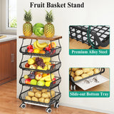 Fruit Basket Kitchen Pantry Organizers and Storage - Wooden Top Table, Stackable Metal Wire Basket Stand Cart for Fruit Vegetable Snacks Jars Bins Containers Organization, Black SAYZH