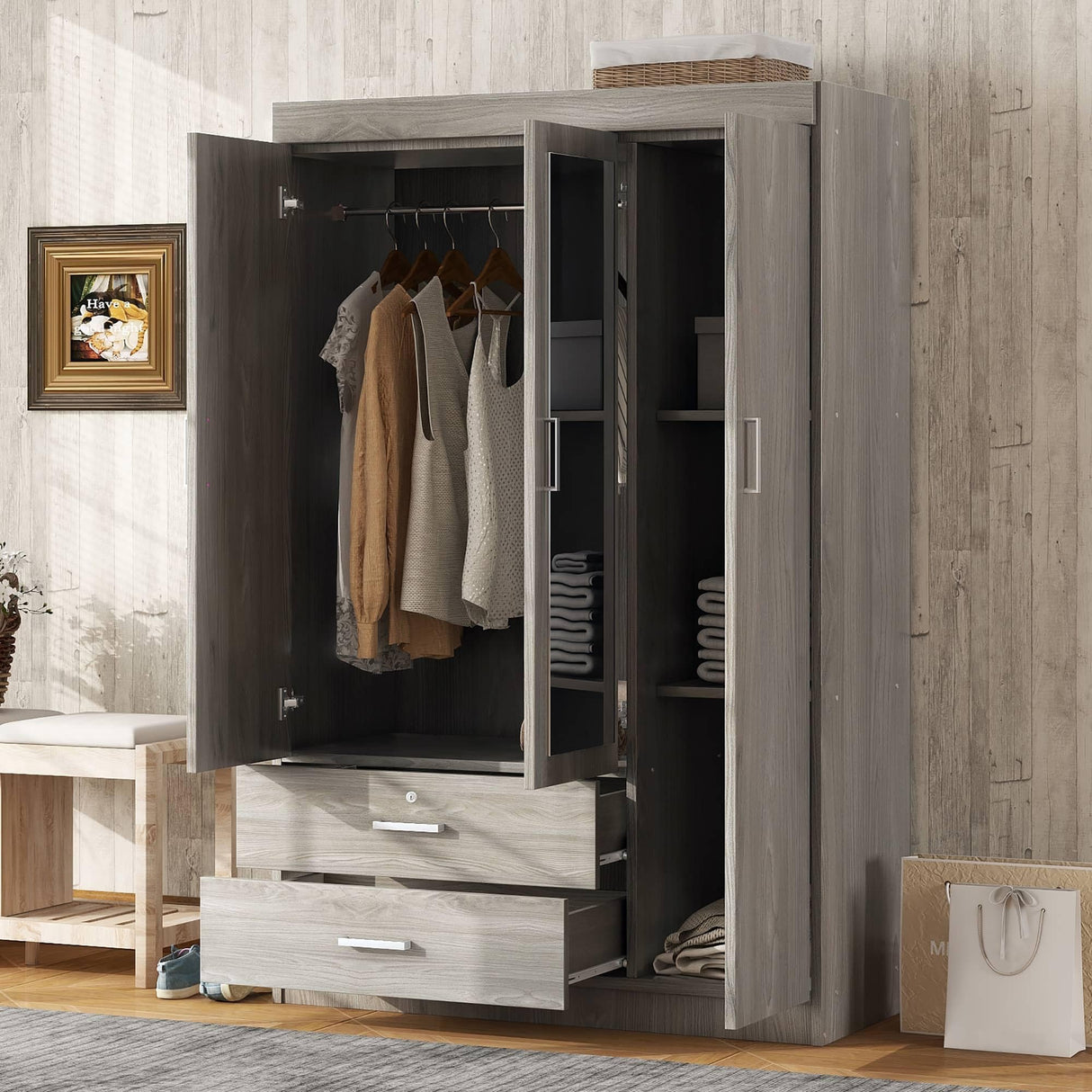 3 Doors Wardrobe Armoire Closet with Mirror, 68.2" H Wooden Freestanding Armoire Wardrobe Closet with Locking Drawers and Shelves, Bedroom Clothes Closets Wardrobes Cabinet with Hanging Rod, Gray cloblane