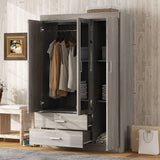 3 Doors Wardrobe Armoire Closet with Mirror, 68.2" H Wooden Freestanding Armoire Wardrobe Closet with Locking Drawers and Shelves, Bedroom Clothes Closets Wardrobes Cabinet with Hanging Rod, Gray cloblane