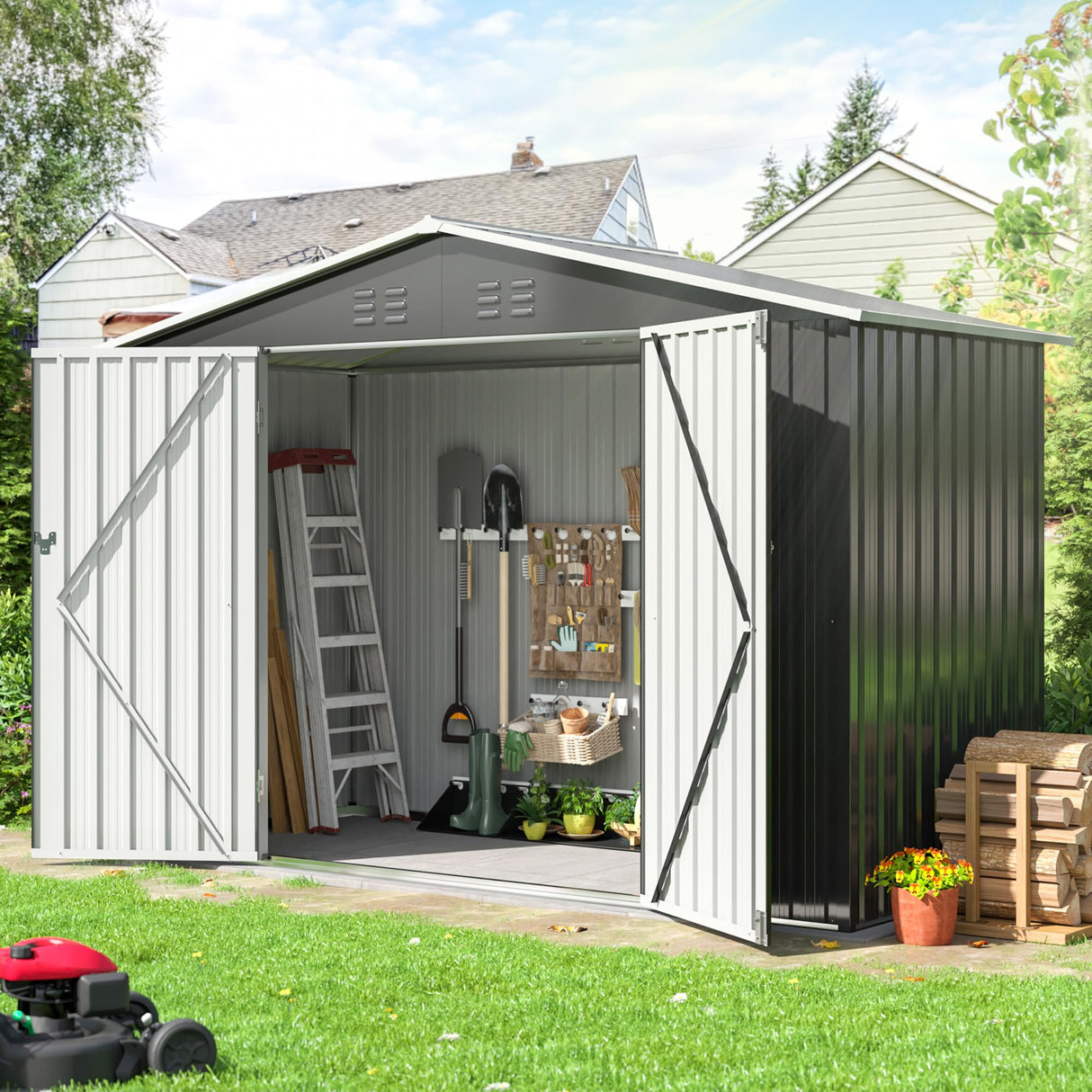Polar Aurora 4 x 9 FT Outdoor Storage Shed, Metal Garden Shed with Updated Frame Structure, Tool Sheds for Backyard Garden Patio Lawn Black Polar Aurora