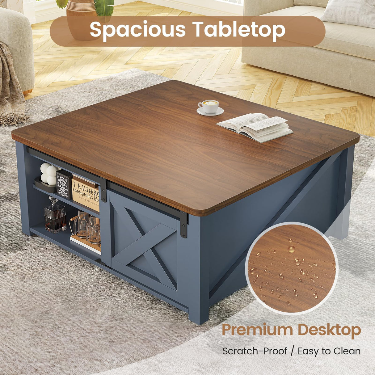 SEDETA 31.5" Lift Top Coffee Table with Storage, Square Coffee Tables for Living Room, Farmhouse Coffee Table with Large Hidden Storage Compartment and Adjustable Shelves, Blue SEDETA